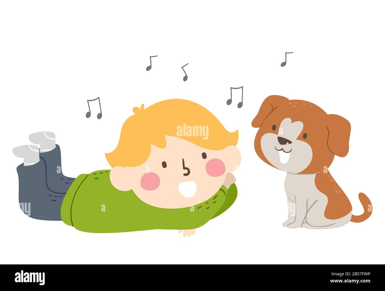 Illustration of a Kid Boy Lying Flat Singing In Front of His Pet Dog with Floating Musical Notes Stock Photo