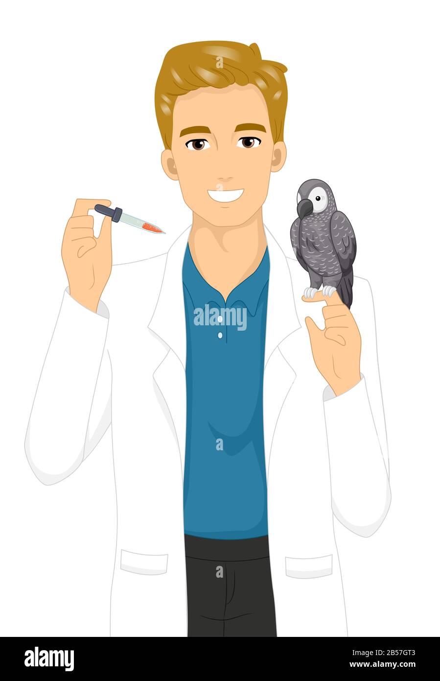 Illustration of a Man Avian Veterinarian Wearing White Coat and Hand Feeding a Parrot Using a