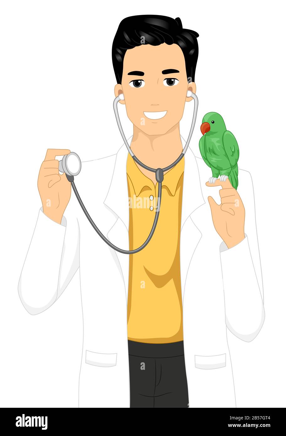 Illustration of an Avian Veterinarian Man Holding a Parrot and a Parrot