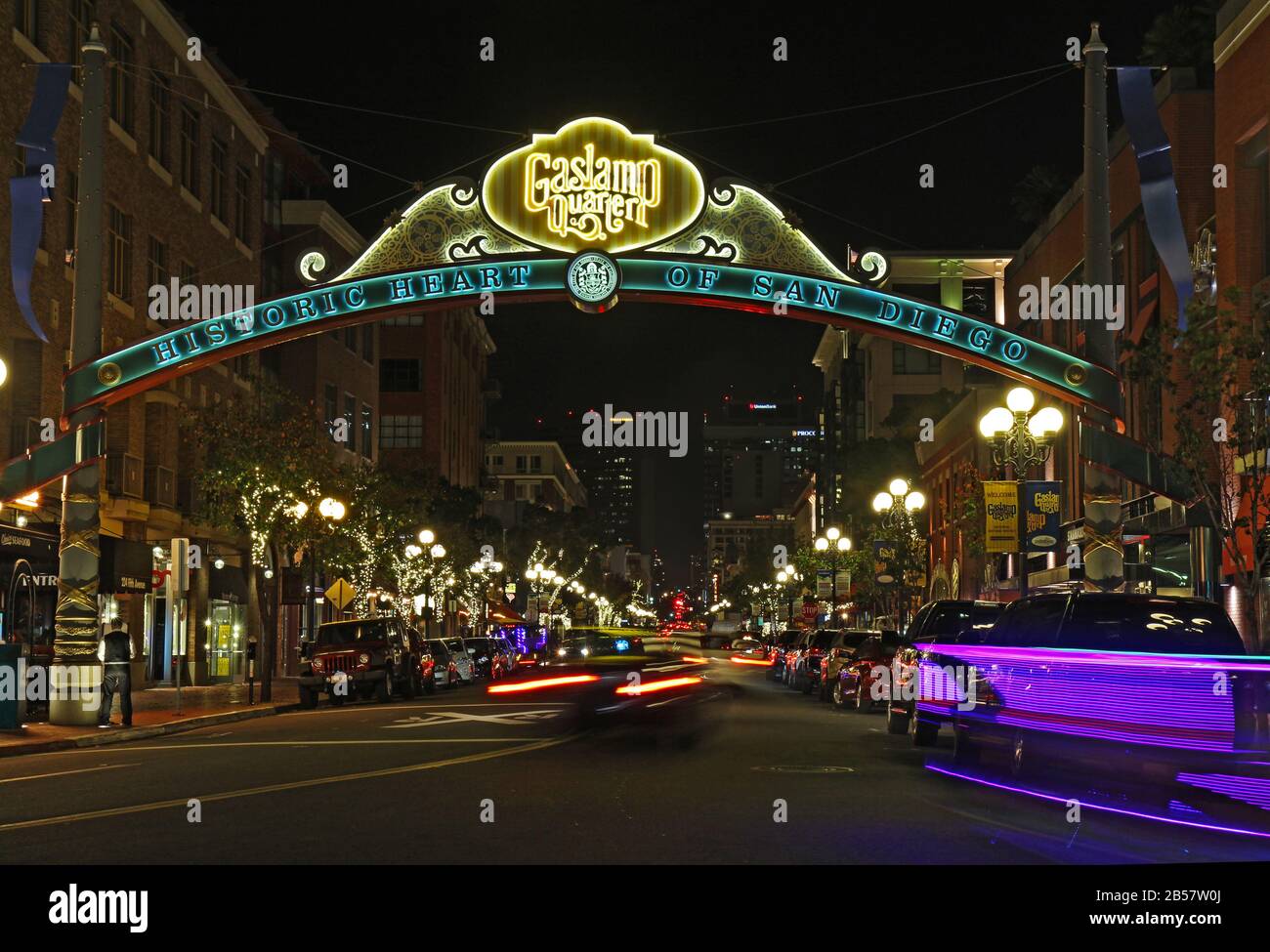 Entrance sign to the Gaslamp Quarter Historic District at night. This 16.5-block neighborhood hosts numerous festivals. Stock Photo