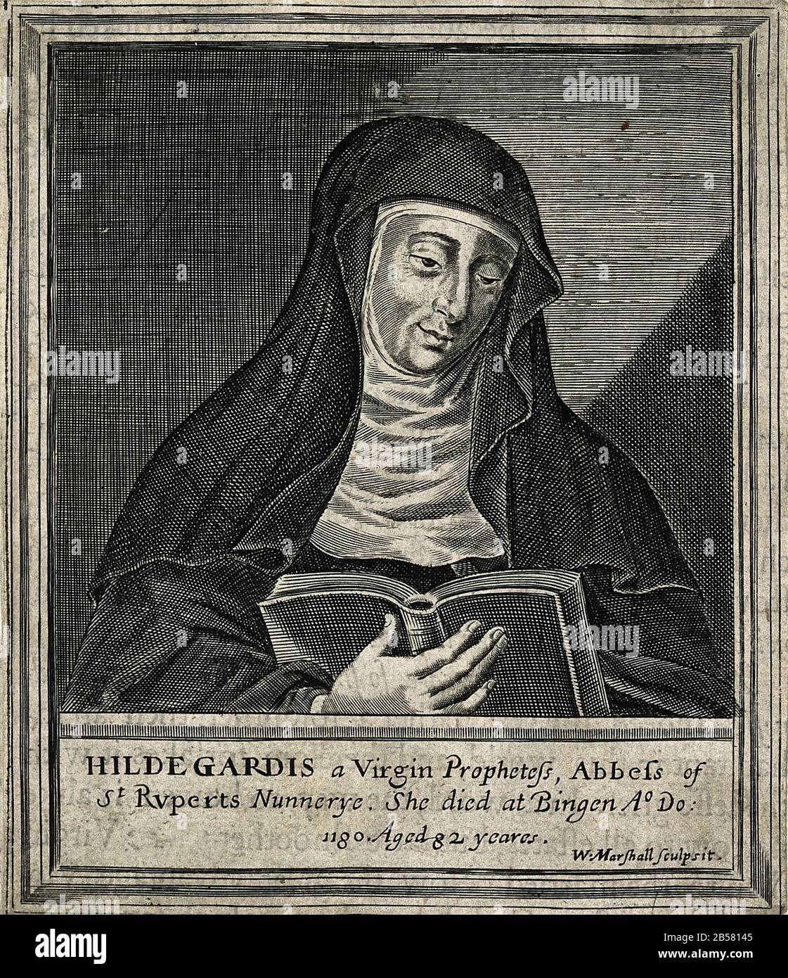 Hildegard von Bingen. Line engraving by W. Marshall. Stock Photo