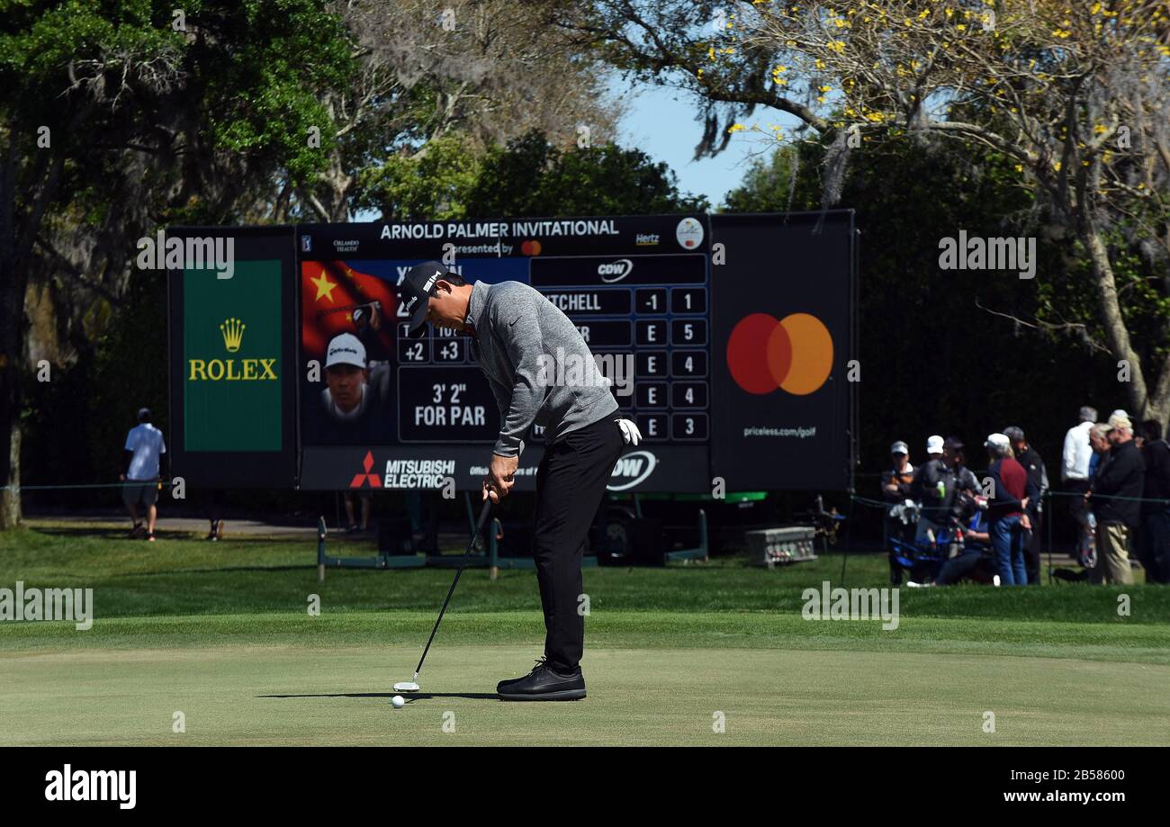 Orlando, United States. 07th Mar, 2020. March 7, 2020 - Orlando, Florida, United States - Xinjun Zhang of China putts on the ninth green during the third round of the Arnold Palmer Invitational golf tournament at the Bay Hill Club & Lodge on March 7, 2020 in Orlando, Florida. Credit: Paul Hennessy/Alamy Live News Stock Photo