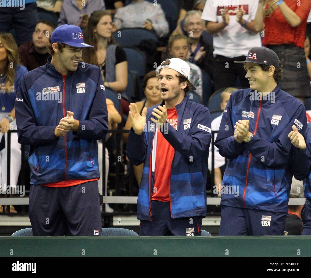March 7, 2020 - Reilly Opelka (USA), Taylor Fritz (USA) and Tommy Paul  (USA) during a Davis Cup by Rakuten Qualifier doubles match between Sanjar  Fayziev (UZB)/Denis Istomin (UZB) and Bob Bryan (
