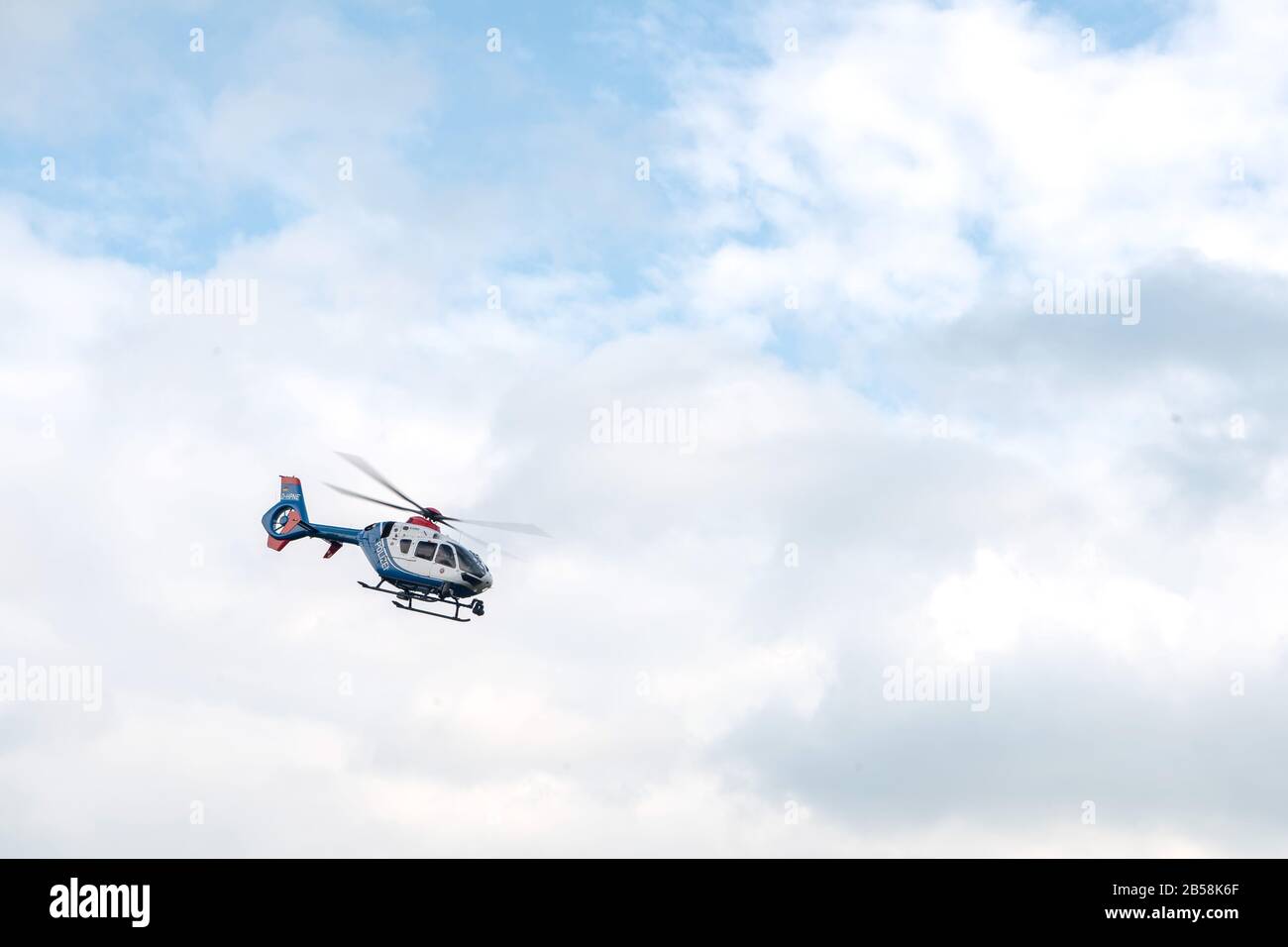 Rastede, Germany. 04th Mar, 2020. The police helicopter model EC 135 starts its mission. Böning is the first police helicopter pilot in Lower Saxony, after a good year in service she takes stock. Credit: Sina Schuldt/dpa/Alamy Live News Stock Photo