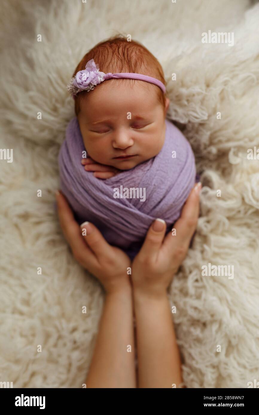 Newborn baby girl is sleeping in a cocoon pose (potato bag) in his mother's arms. The concept of safety and happiness Stock Photo