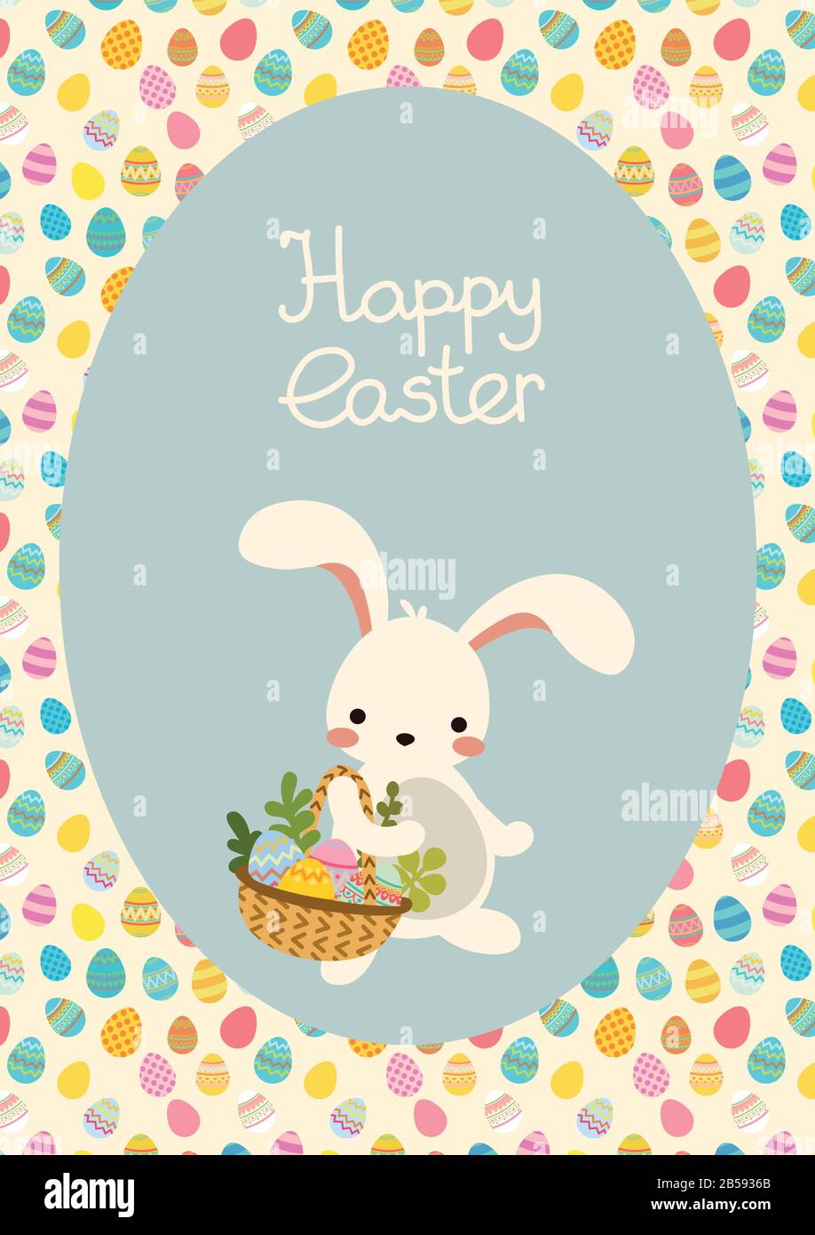 Vector Easter Postcard with Easter rabbit, basket, eggs and lettering Stock Vector