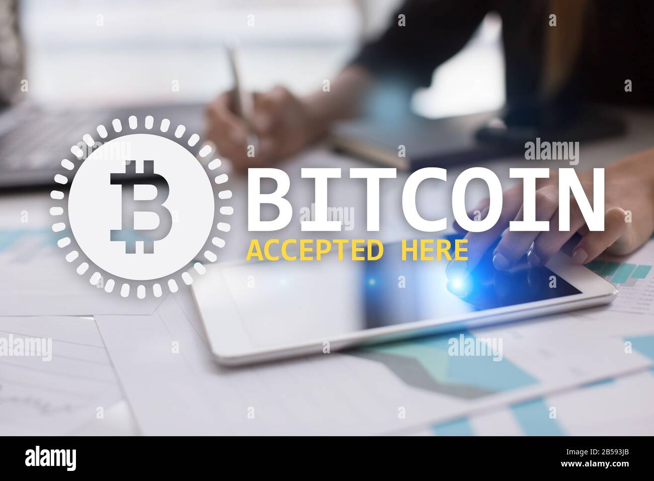 Bitcoin accepted here text and logo on virtual screen. Online payment and  cryptocurrency concept Stock Photo - Alamy