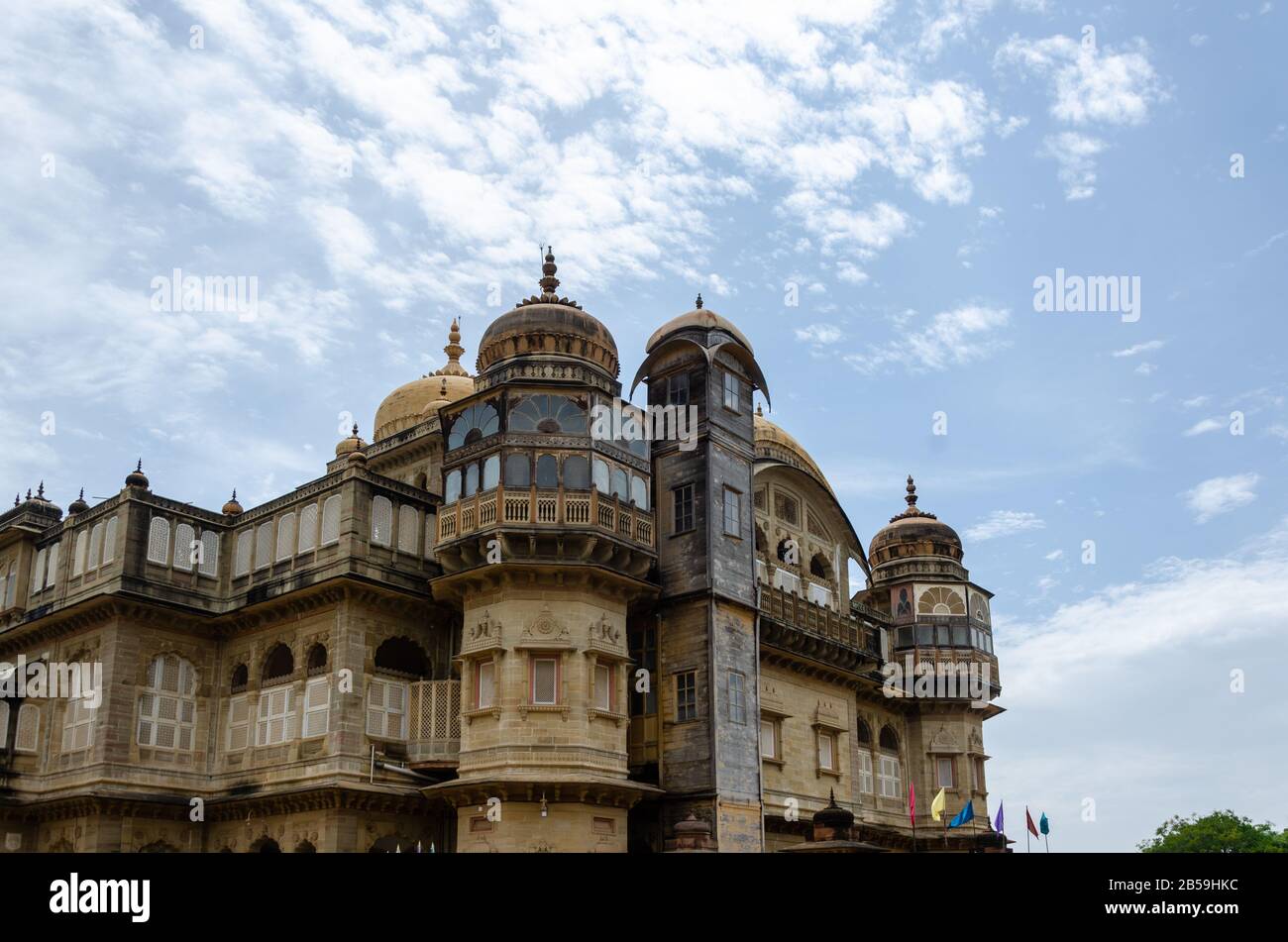 Exquisitely stone-carved roof domes and other elements of Vijaya Vilas Palace, Mandvi, Kutch, Gujarat, India Stock Photo