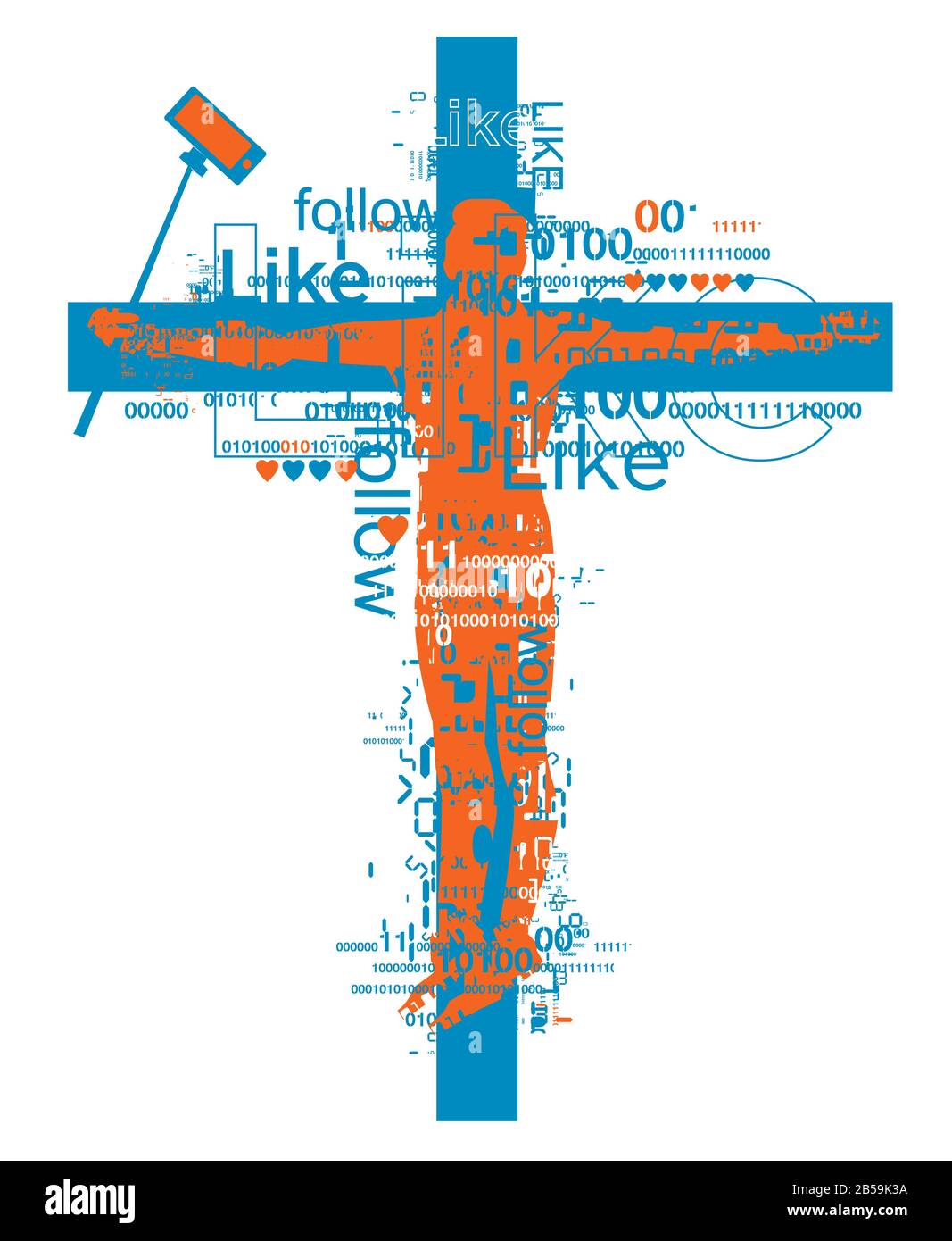 Crucified man with selfie rod, victim of social networks addiction . Grunge stylized male silhouette on the cross, with binary codes and like signs. Stock Vector