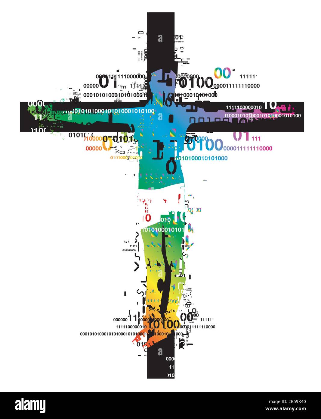 Victim of computer age and burnout. Crucified man, rainbow colored stylized male silhouette with binary codes and digital numbers. Vector available Stock Vector
