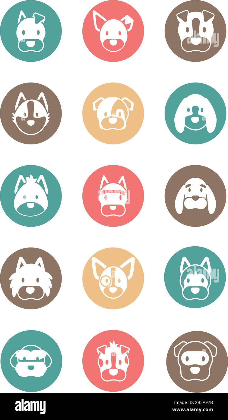 set of icons of faces different breeds of dogs vector illustration ...
