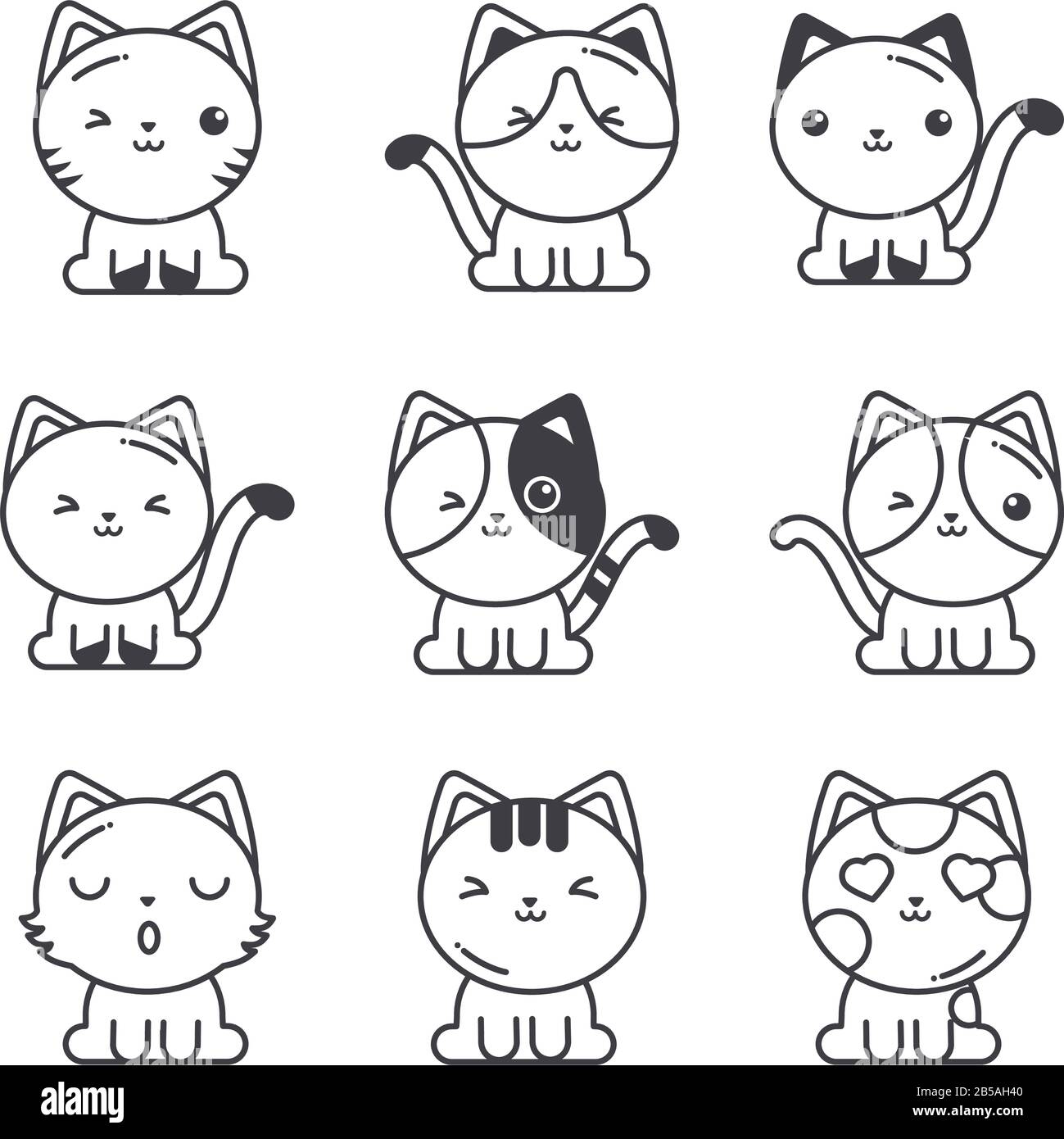 set of cute cats on white background, line style icon vector