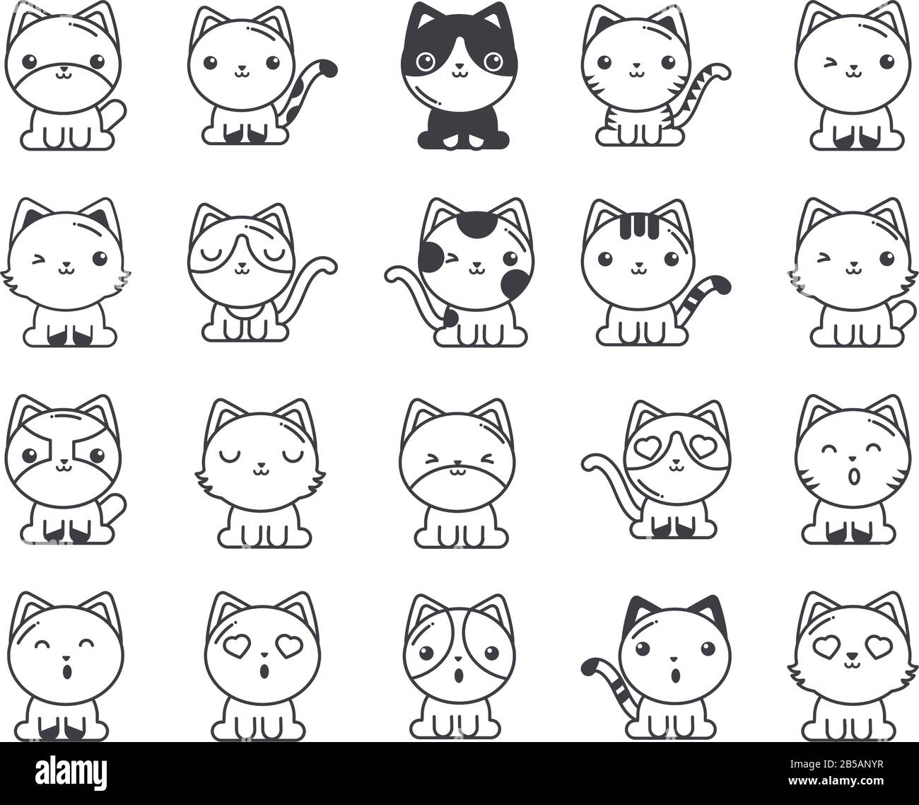 Set Of Cute Cats On White Background, Line Style Icon Vector