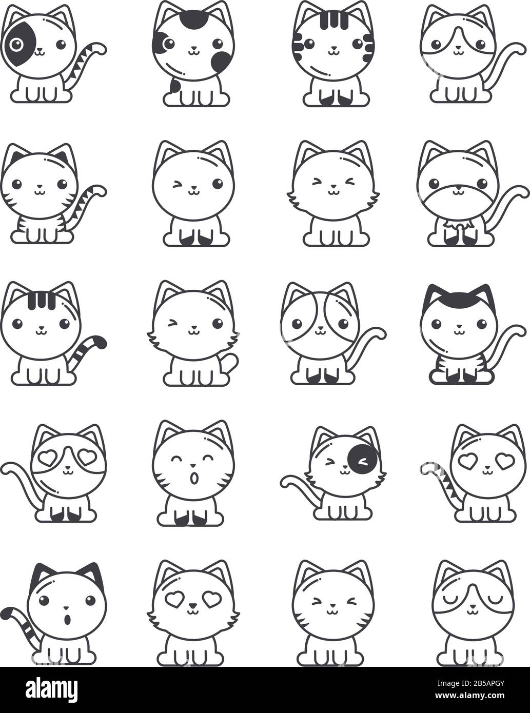 set of cute cats on white background, line style icon vector