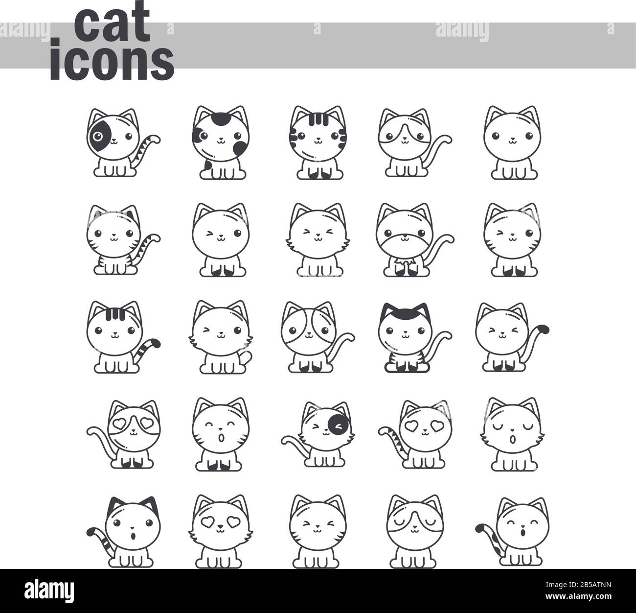 set of cute cats on white background, line style icon vector