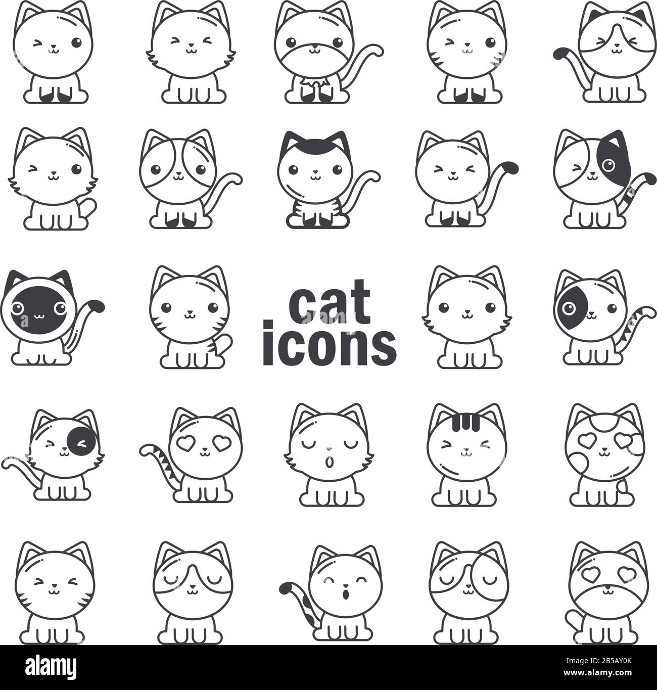 set of cute cats on white background, line style icon vector