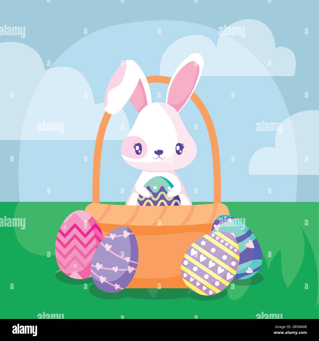 cartoon rabbit with easter eggs in a basket over landscape background ...