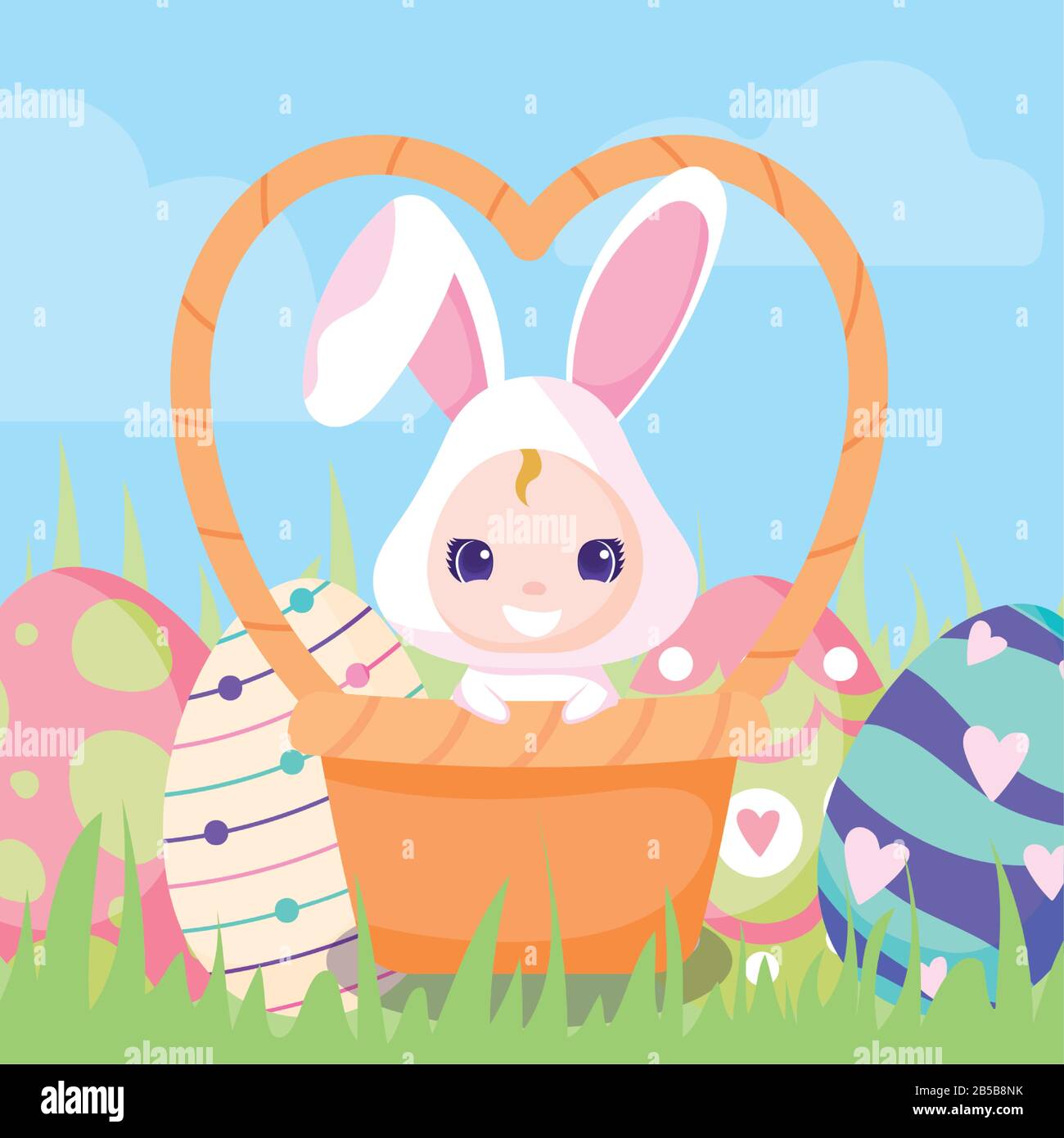happy easter design of cute rabbit on basket and easter eggs around ...