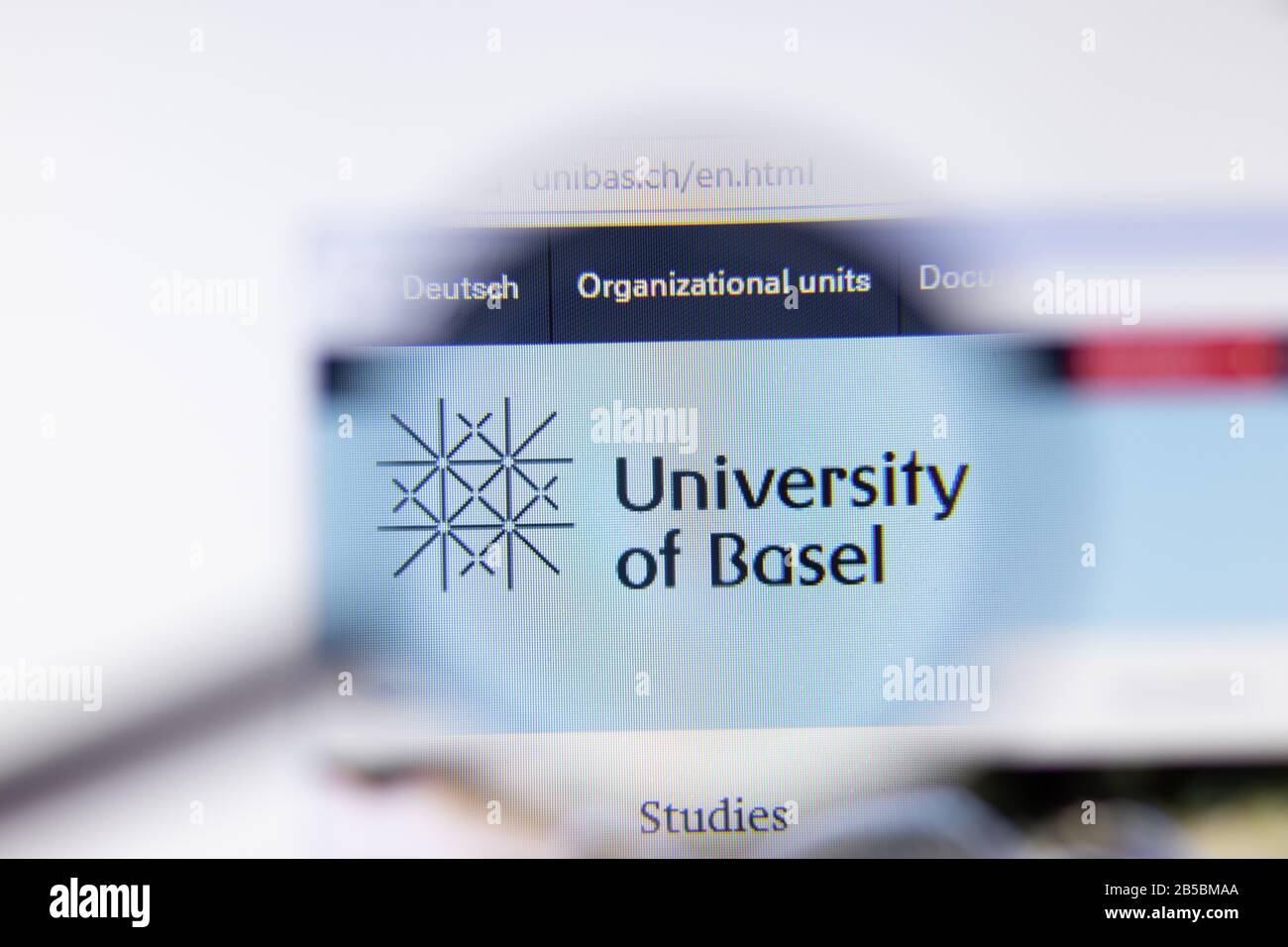 Los Angeles, California, USA - 7 March 2020: University of Basel website homepage logo visible on display close-up, Illustrative Editorial Stock Photo