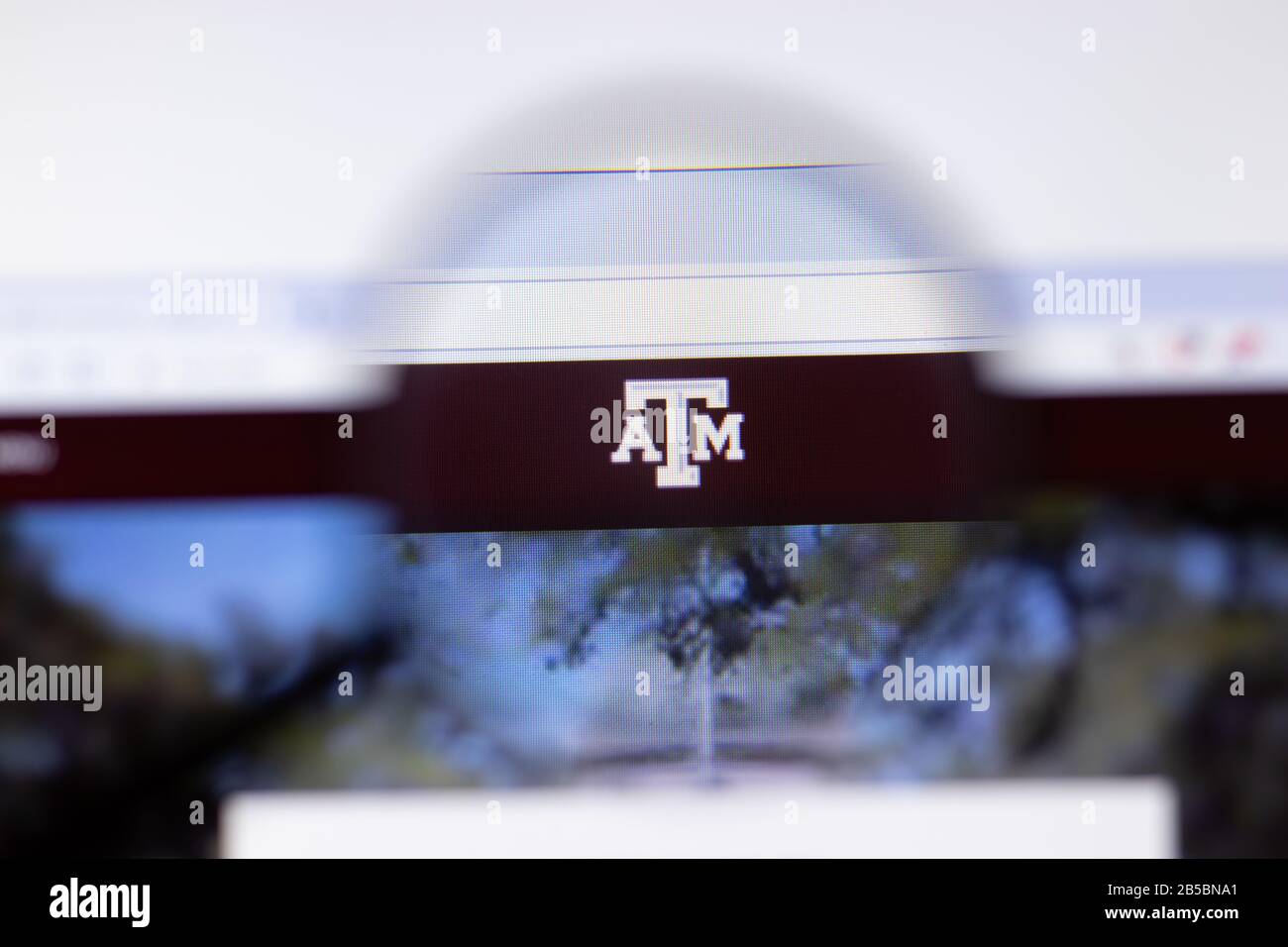 Los Angeles, California, USA - 7 March 2020: Texas A and M University website homepage logo visible on display close-up, Illustrative Editorial Stock Photo