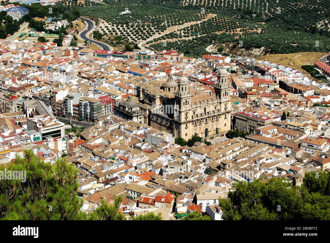 View across the city rooftops with the Cathedral in the centre, Jaen, Jaen Province, Andalucia, Spain, Western Europe. Stock Photo