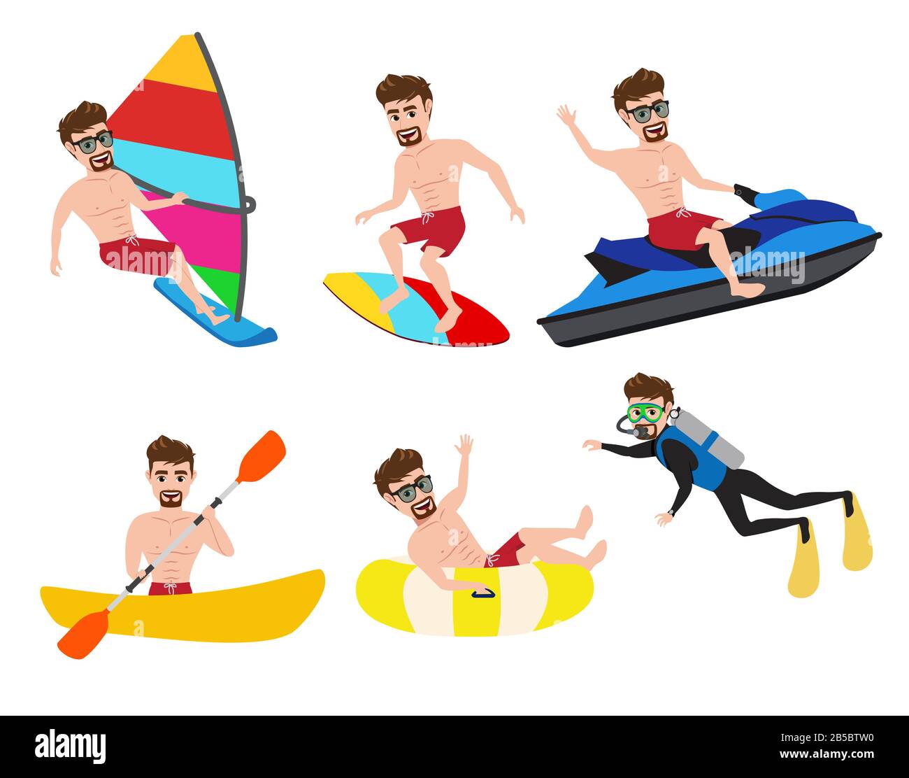 Summer activity man character vector set. Male character in summer water sport activities like