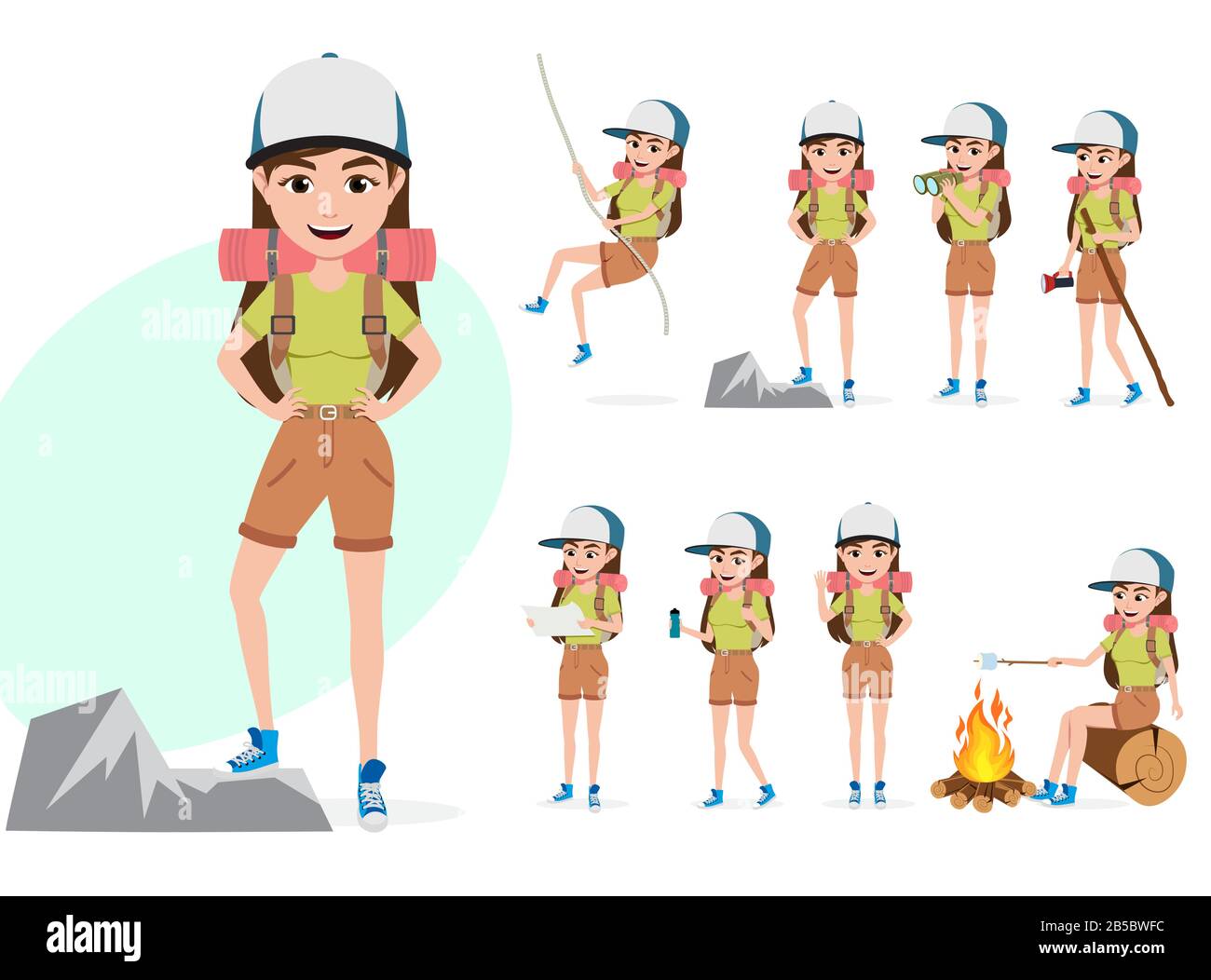 Female mountain climber vector character set. Woman hiker character in different summer hiking activities and standing poses like rope climbing. Stock Vector