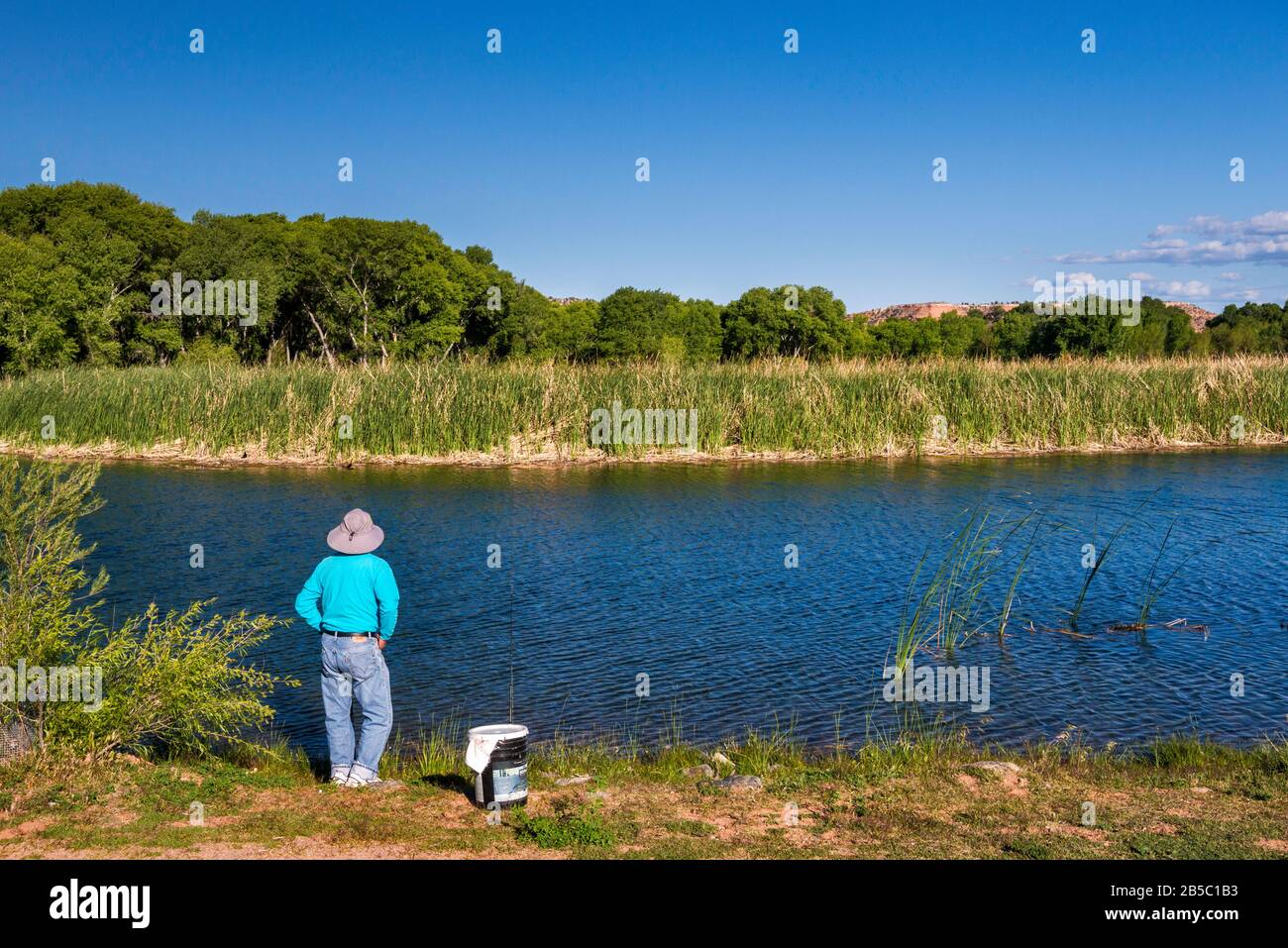 Man fishing at lagoon at riparian zone in Verde River Valley, Dead