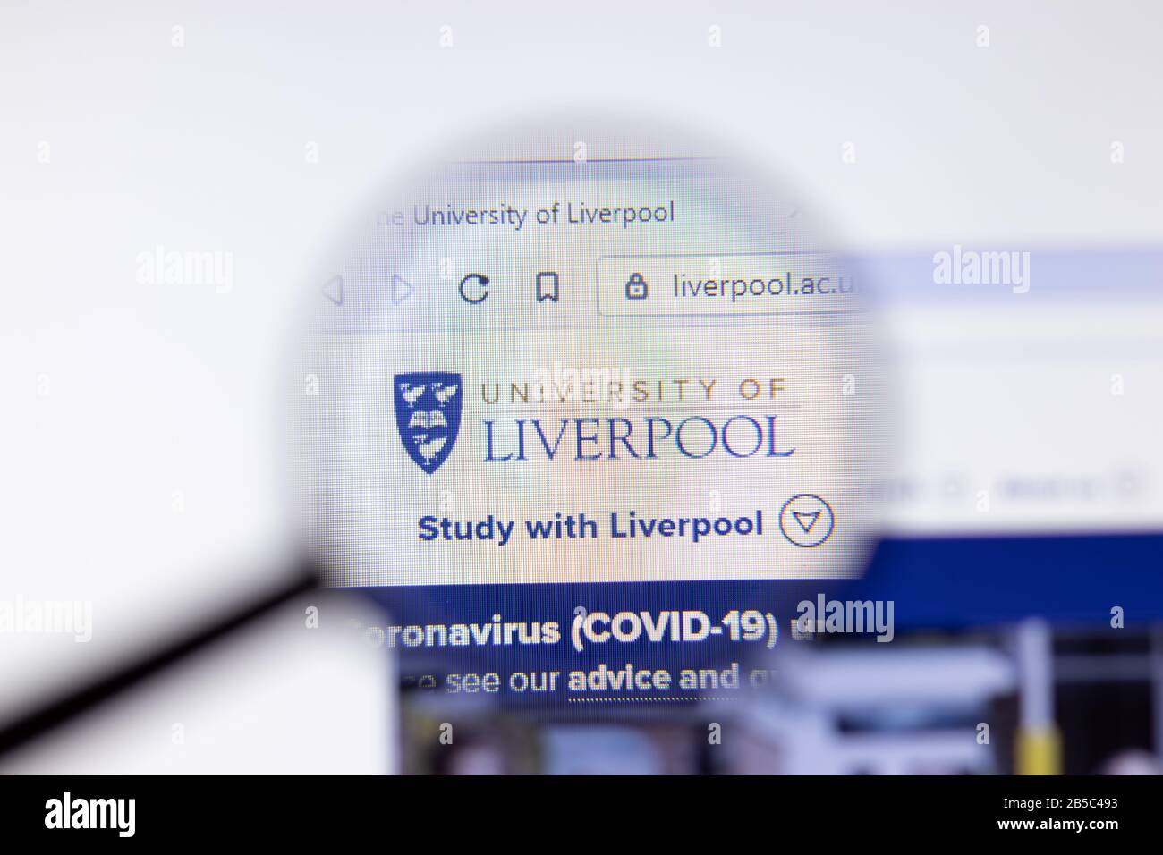 Los Angeles, California, USA - 7 March 2020: University of Liverpool website homepage logo visible on display close-up, Illustrative Editorial Stock Photo