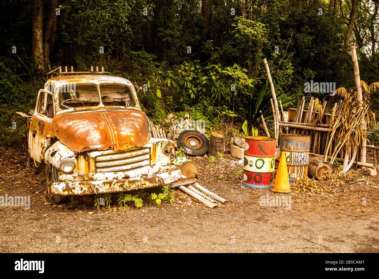 Old car in Mulgum Studio at Nimbin Bush Theatre and Cafe, Australia Stock Photo