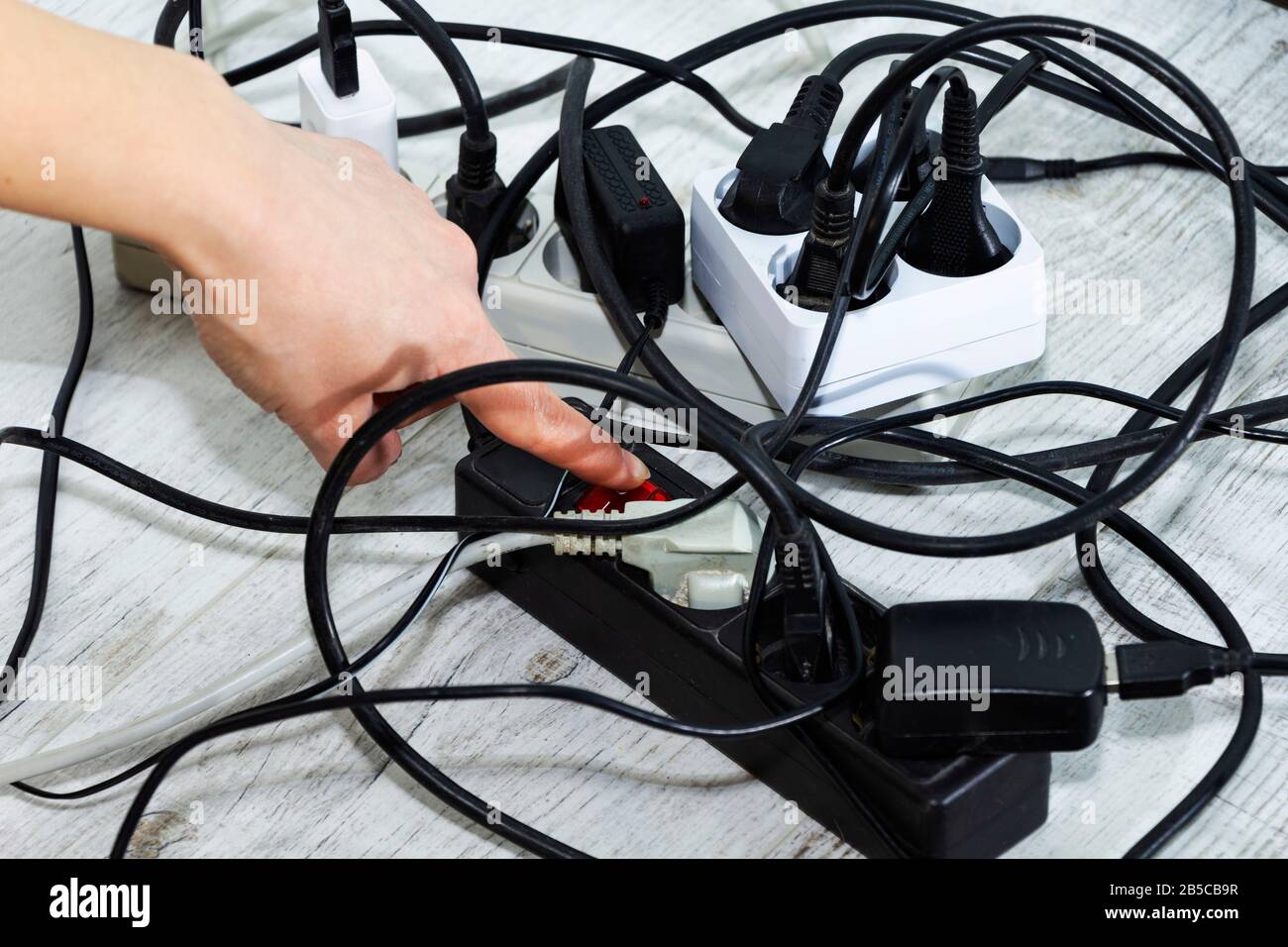 Lots of electrical outlets-enabled devices. Power saving. Stock Photo