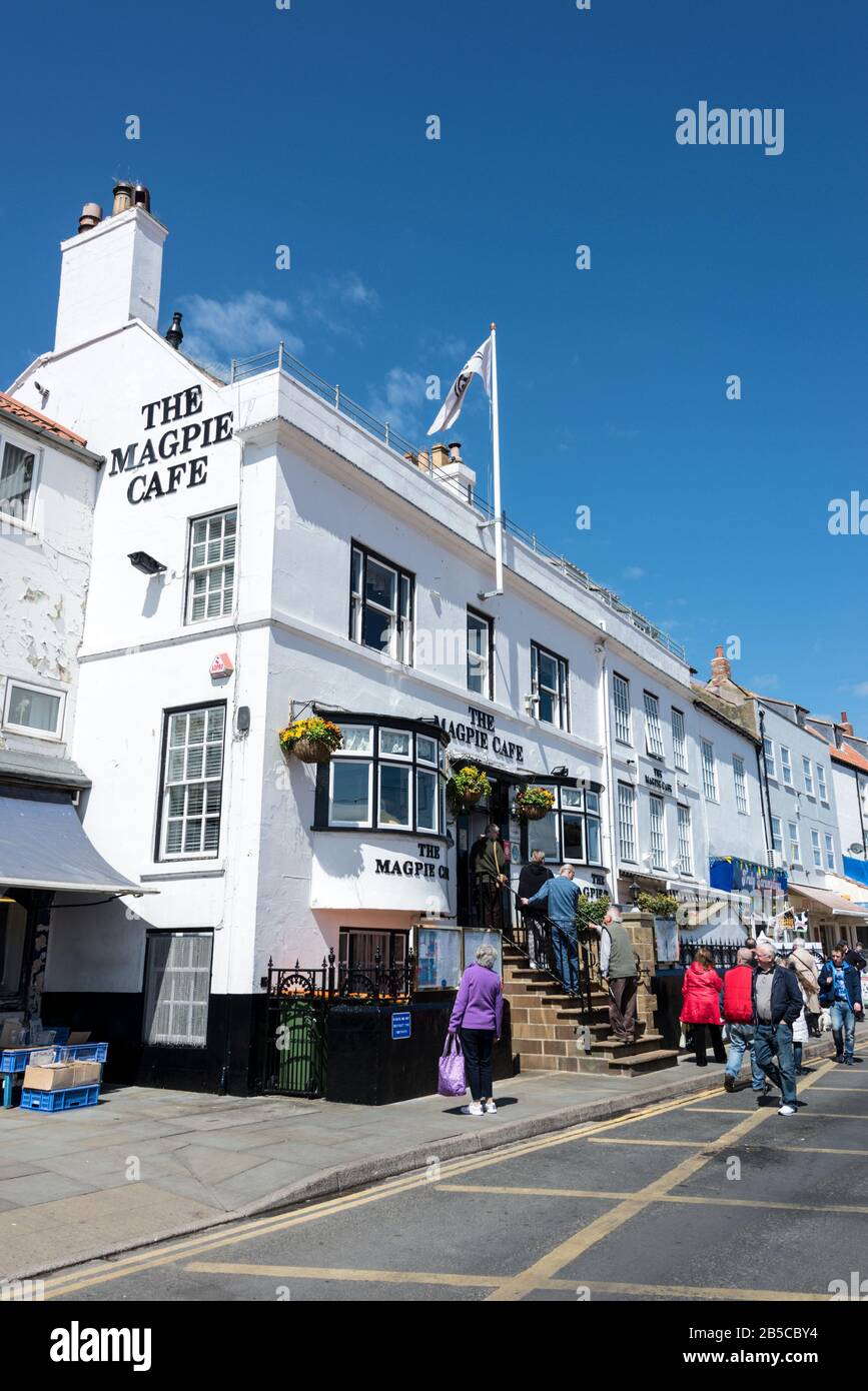 The Magpie Fish & Chips restaurant in Pier Road, Whitby, a fishing port and seaside town in North Yorkshire, Britain   Whitby is associated with Royal Stock Photo