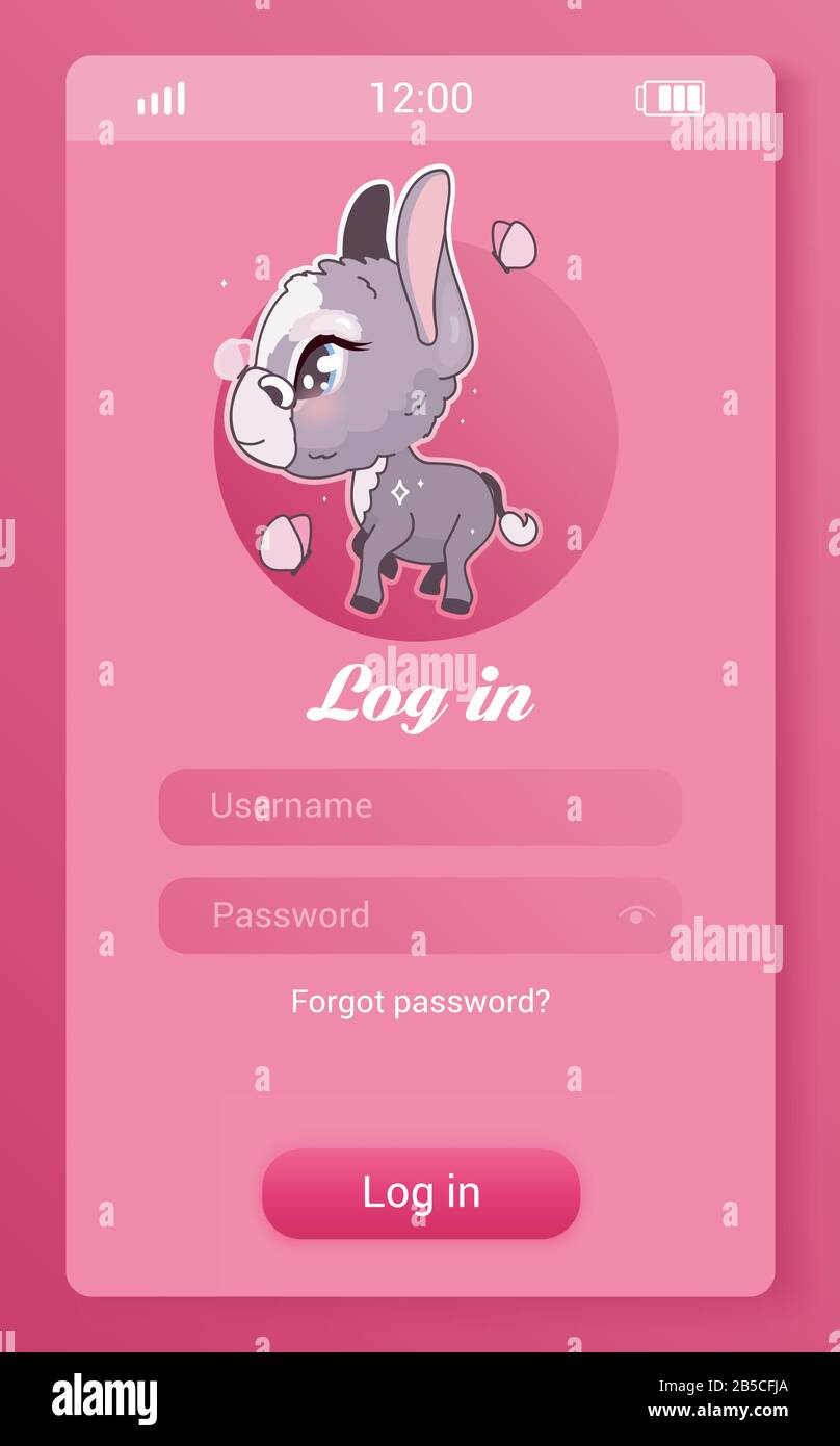 Donkey Kids Mobile App Screen With Cartoon Kawaii Character Log In Create Account Smartphone Girlish Game Social Media Application Mockup User Stock Vector Image Art Alamy