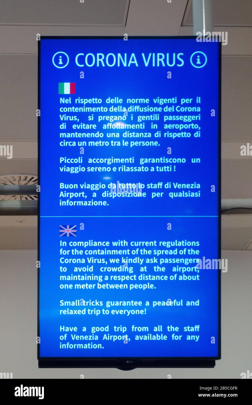 Coronavirus Covid-19 sign in Venice airport ( Marco Polo ) on Saturday 7th March 2020 about the coronavirus epidemic in northern Italy; Venice Italy Stock Photo