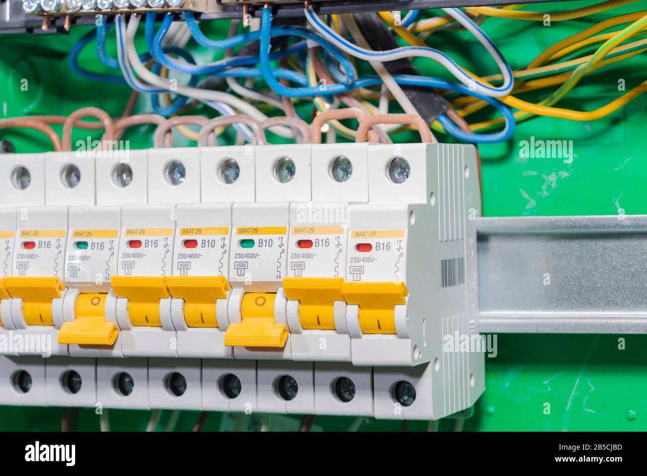 Automatic overload protection devices in the power supply network. Circuit breakers or fuses are an electrical safety device. Stock Photo