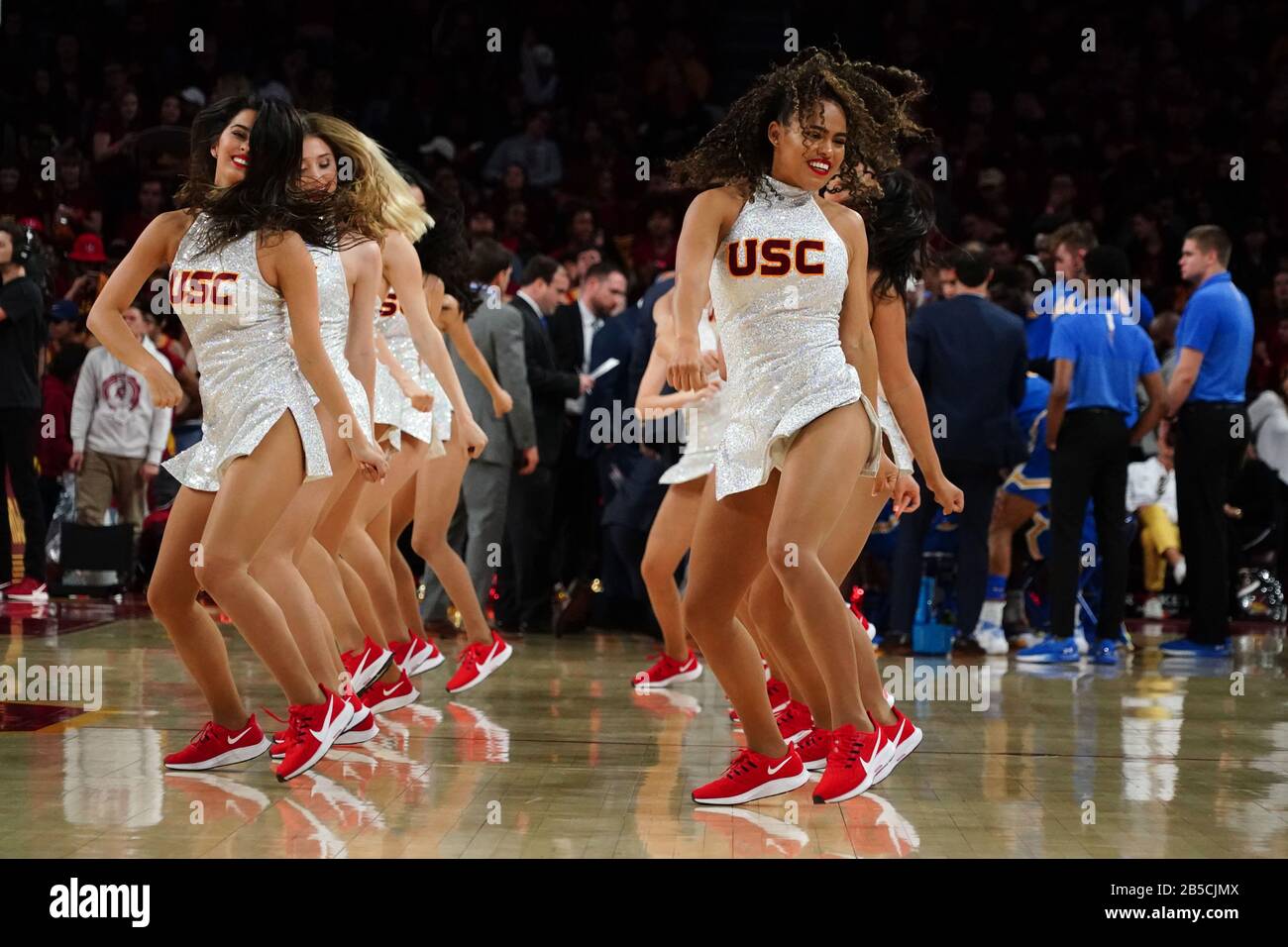 Southern California Trojans song girls cheerleaders dance during an NCAA college basketball game against the UCLA Bruins, Saturday, March 7, 2020, in Los Angeles. USC defeated UCLA 54-52. (Photo by IOS/ESPA-Images) Stock Photo