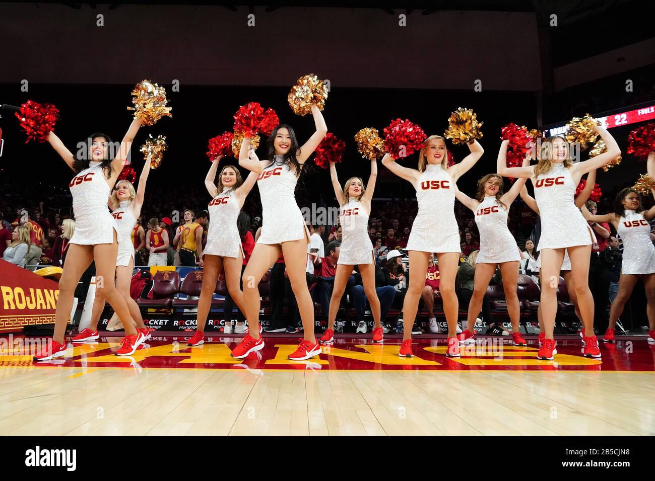 Southern California Trojans song girls cheerleaders dance during an NCAA college basketball game against the UCLA Bruins, Saturday, March 7, 2020, in Los Angeles. USC defeated UCLA 54-52. (Photo by IOS/ESPA-Images) Stock Photo