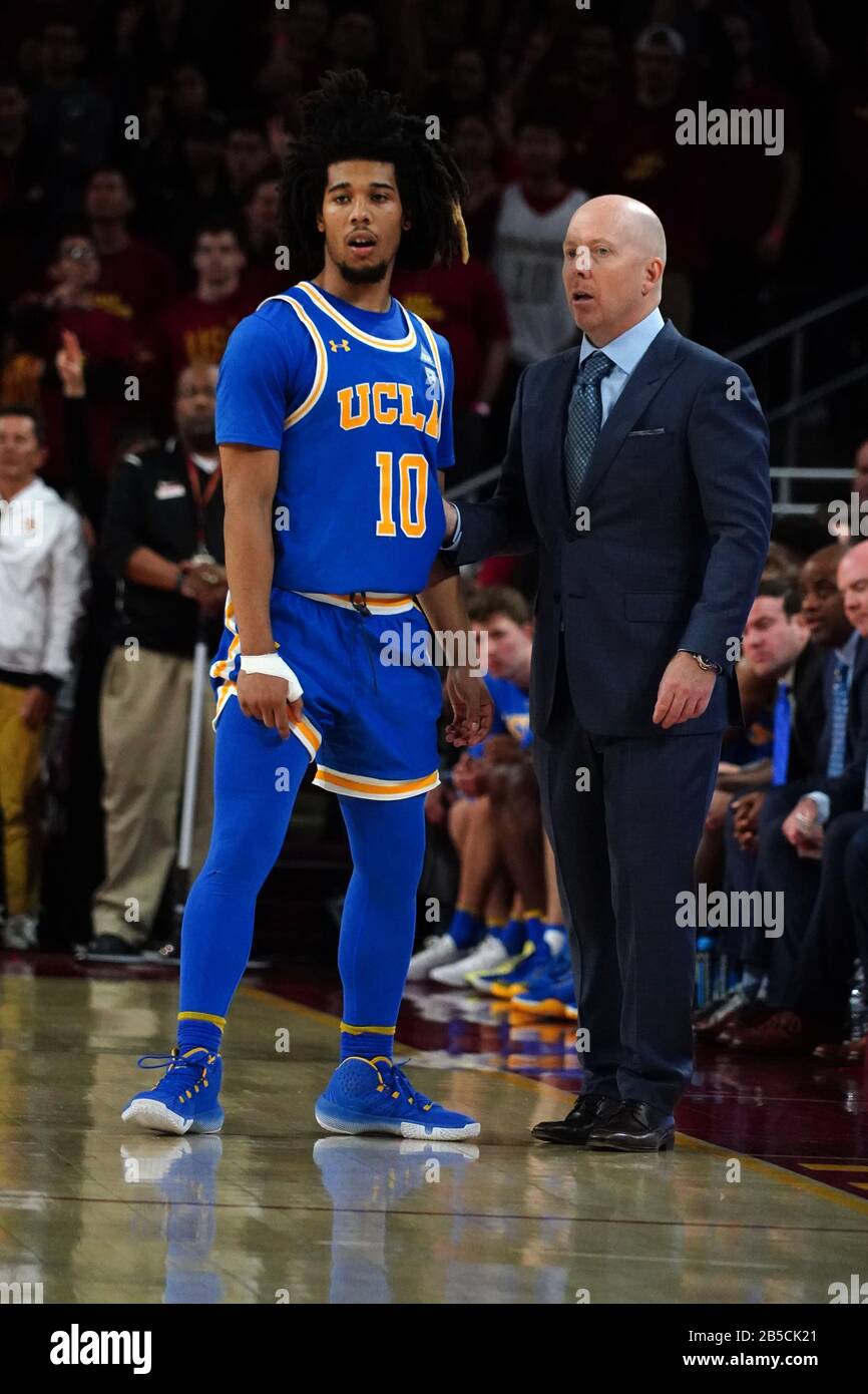 Ucla Bruins Head Coach Mick Cronin Right Talks With Guard Tyger Campbell 10 During An Ncaa College Basketball Game Against The Southern California Trojans Saturday March 7 2020 In Los Angeles Usc