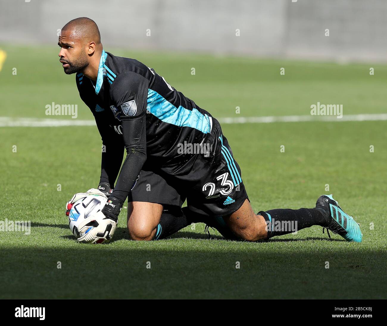 Montreal Impact Goalie Clement Diop (23) stops a shot from FC Dallas player Thiago Santos (5) during a MLS soccer game, Saturday March 7, 2020, in Frisco, Texas, USA. (Photo by IOS/ESPA-Images) Stock Photo