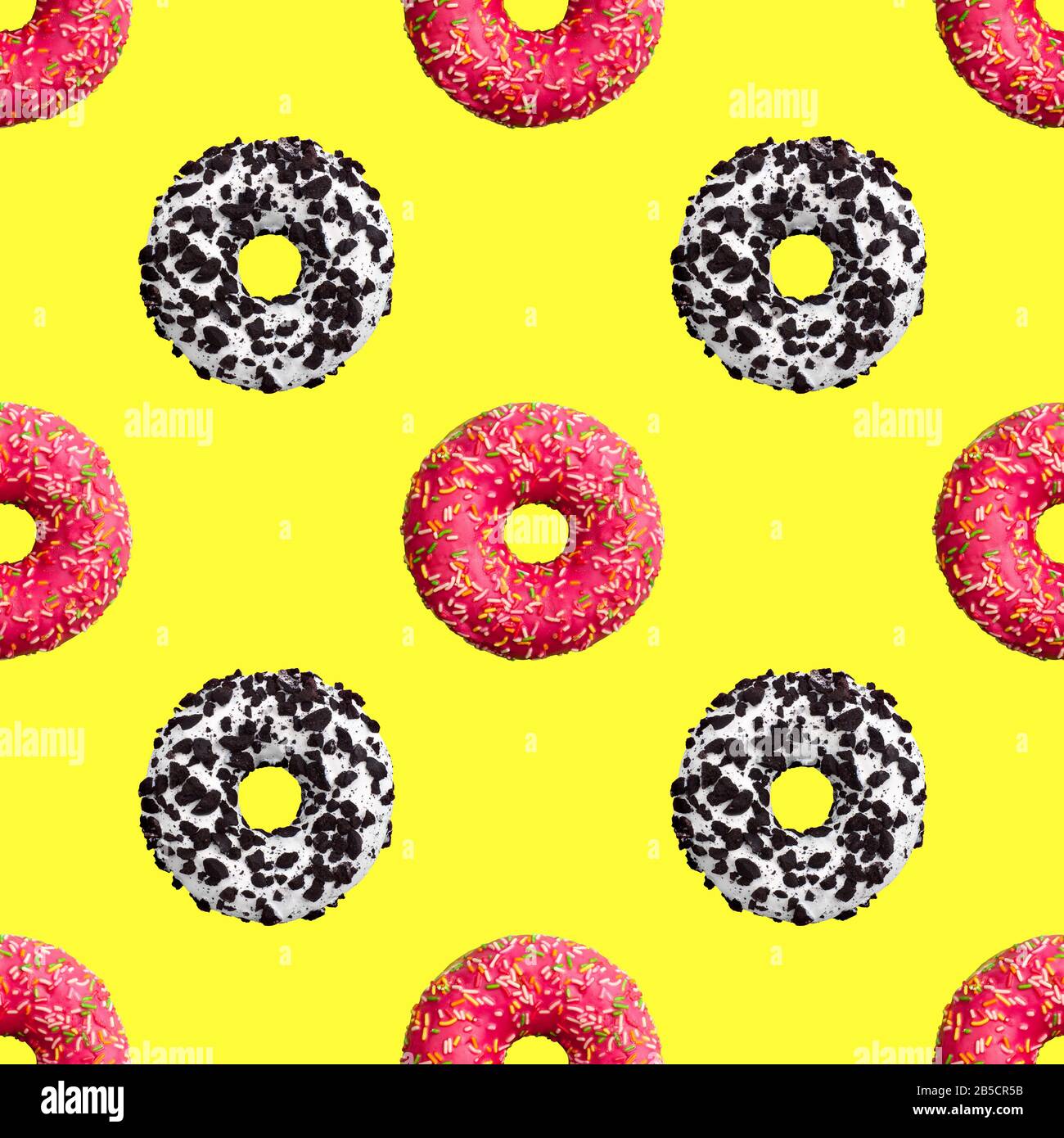Seamless pattern pink and chocolate donuts on yellow background isolated  top view, colorful donut repeating ornament, bagels wallpaper, sweet cakes  Stock Photo - Alamy