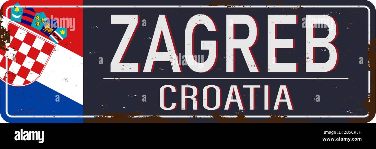Zagreb Croatia road sign. Wide poster outline on blue metal sign board. Vector illustration. Stock Vector