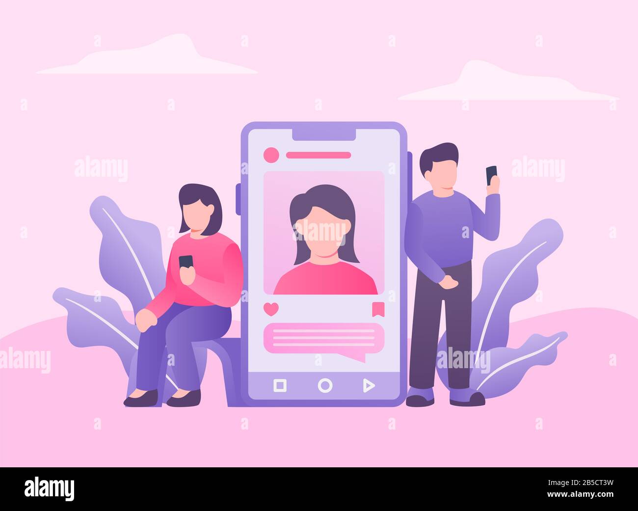 Picture of man and woman stalking profile online with smartphone device vector ...