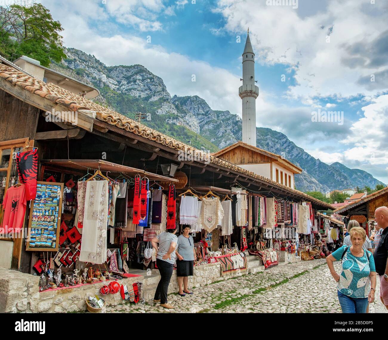 Traditional Ottoman market in Kruja, near Tirana, birth town of National Hero Skanderbeg.Flea market in Albania. Antique items and souvenirs for sale. Stock Photo