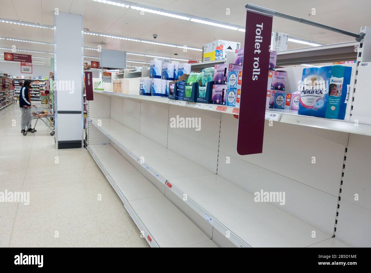Edinburgh, Scotland, UK. 8 March, 2020.  Panic buying of packets of toilet tissue and liquid hand soaps leads to empty shelves at supermarkets in Edinburgh.  Pictured; Toilet paper sold out at SainsburyÕs store. Iain Masterton/Alamy Live News Stock Photo