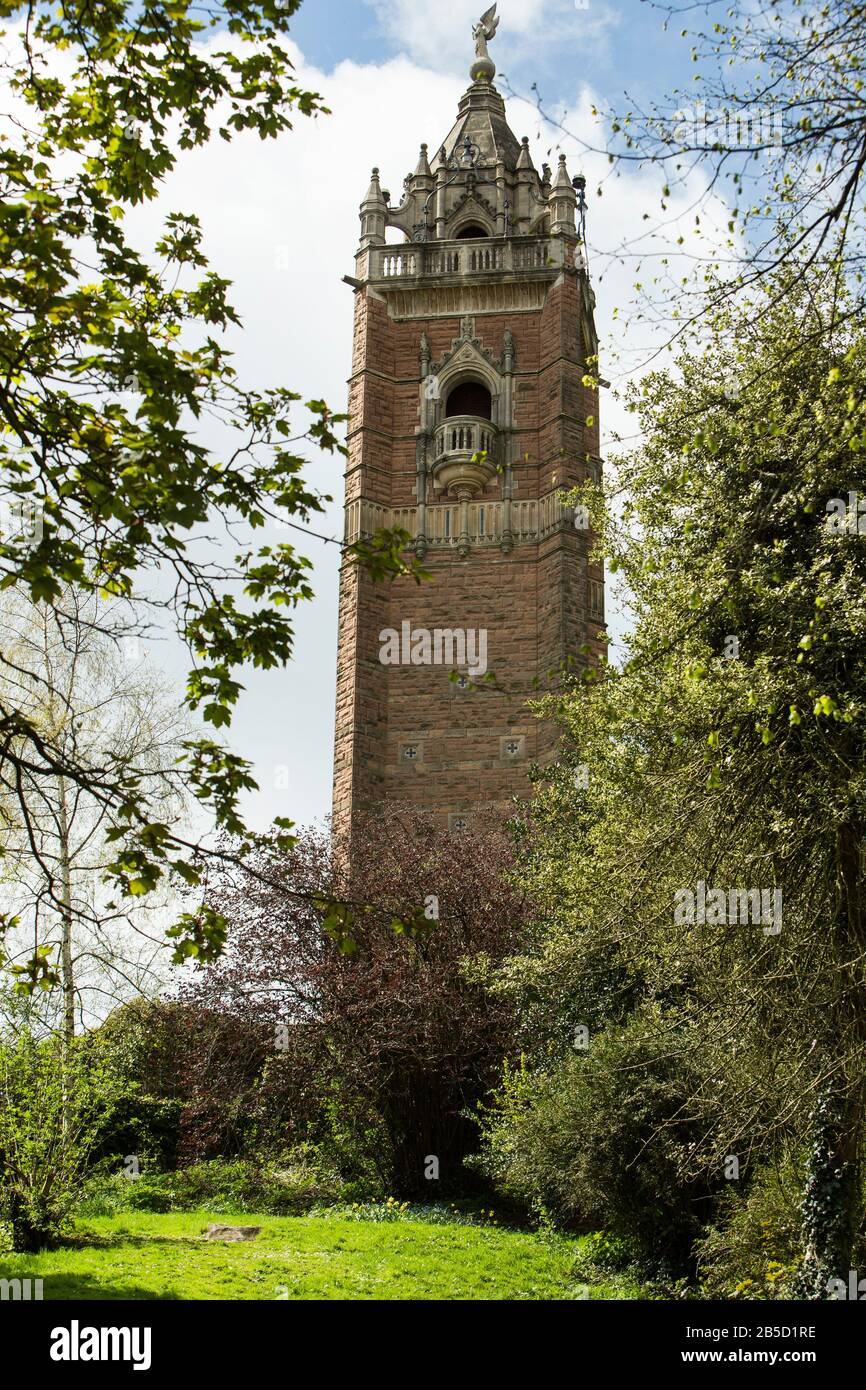 The Victorian Cabot Tower on Brandon Hill, framed by spring trees, Bristol, Avon, England, Uk Stock Photo