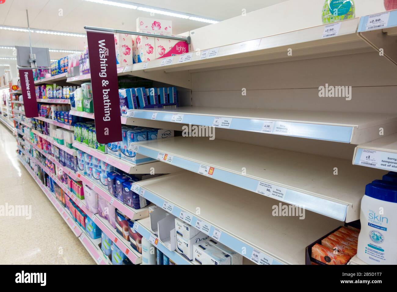 Edinburgh, Scotland, UK. 8 March, 2020.  Panic buying of packets of toilet tissue and liquid hand soaps leads to empty shelves at supermarkets in Edinburgh. Liquid hand soap sold out at SainsburyÕs store. Pictured; Iain Masterton/Alamy Live News Stock Photo