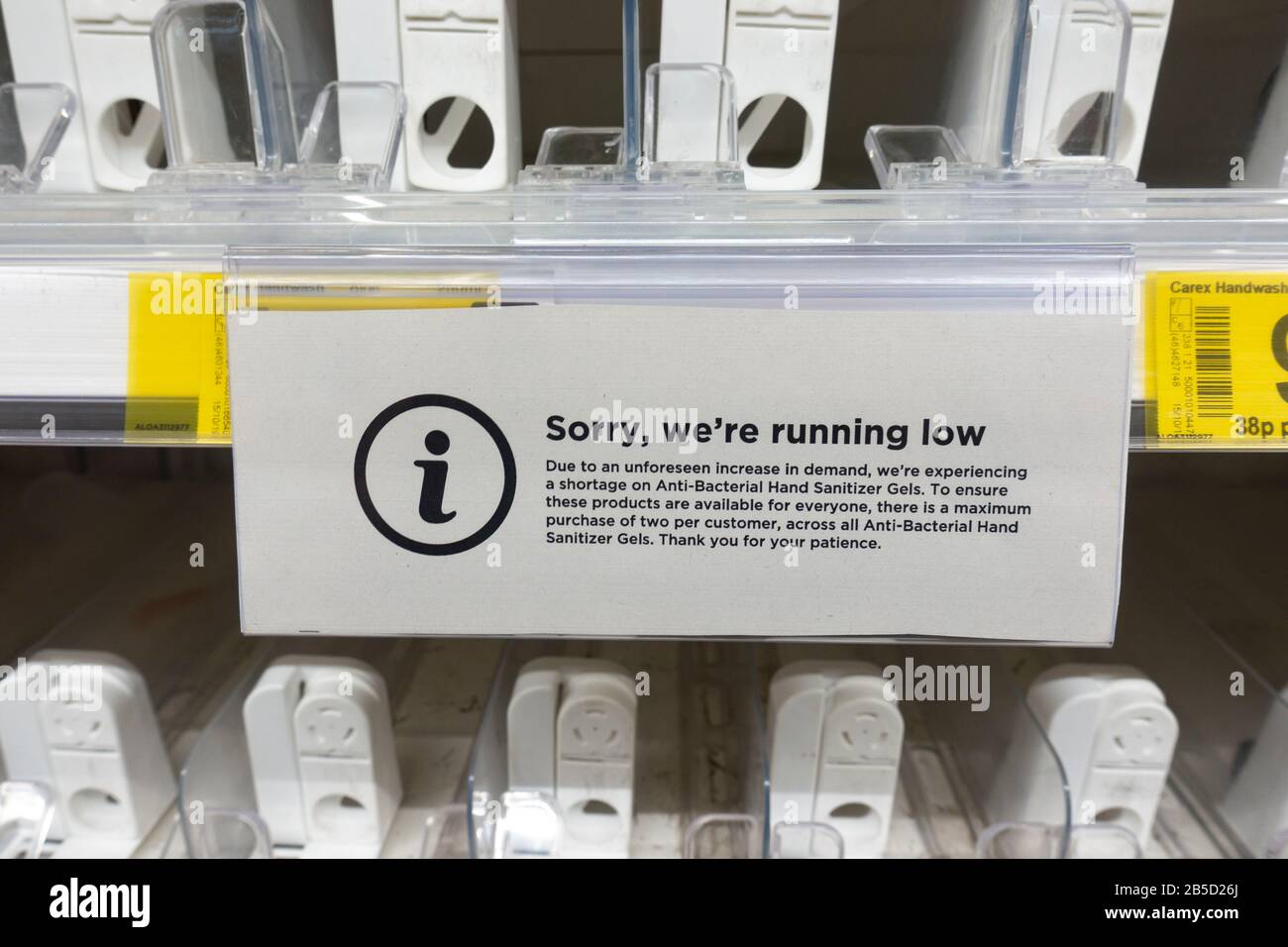 Edinburgh, Scotland, UK. 8 March, 2020.  Panic buying of packets of toilet tissue and liquid hand soaps leads to empty shelves at supermarkets in Edinburgh. Liquid hand soap sold out at Asda store. Pictured; Iain Masterton/Alamy Live News Stock Photo