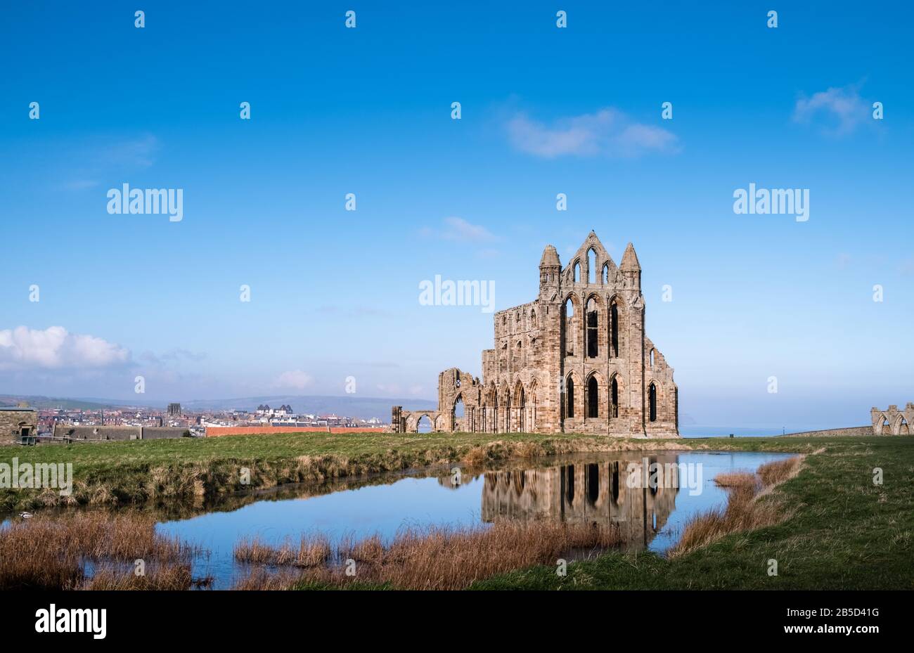 Whitby Abbey, the ruined remains of a 7th century Benedictine Abbey located on the North Yorkshire coast, UK, and a Grade 1 Listed building. Stock Photo