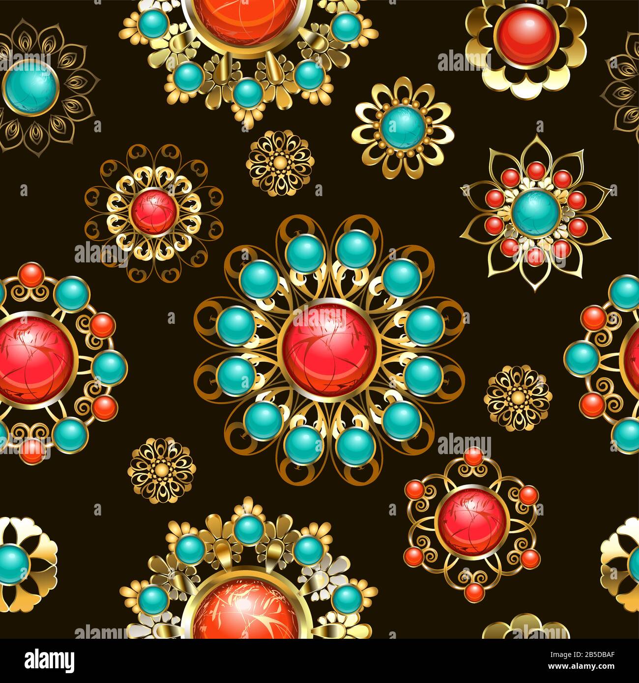 Seamless pattern of gold and brass, ethnic brooches decorated with carnelian, turquoise and jasper on brown background. Ethnic jewelry. Stock Vector