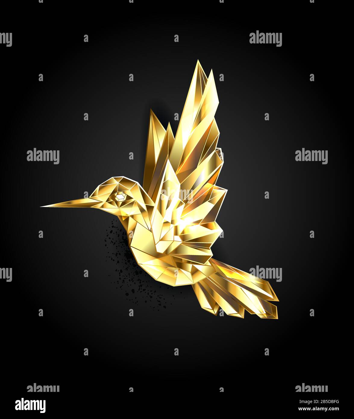 Golden, polygonal, shiny hummingbird on black background. Gold bird. Stock Vector